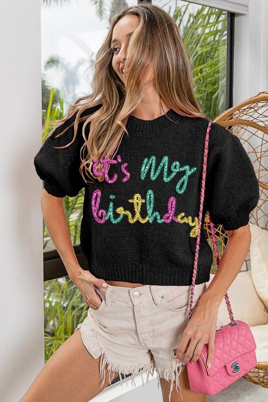 Metallic "It's My Birthday" Puff Sweater