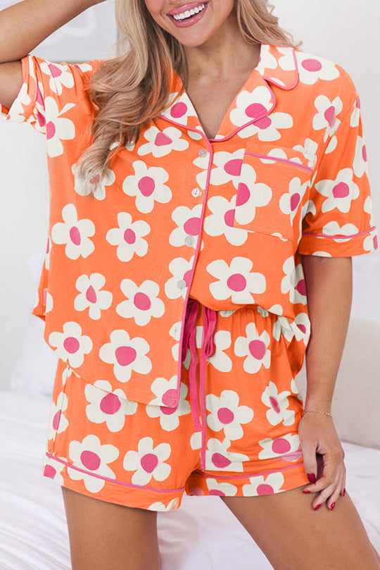 Orange Daisy Flower Short Set Pajamas