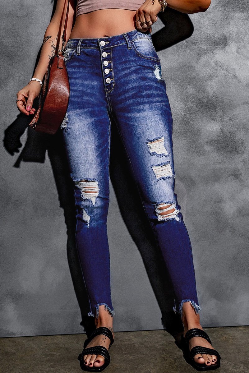 Distressed Ankle Frayed Skinny Denim - Klazzi Fashion Boutique