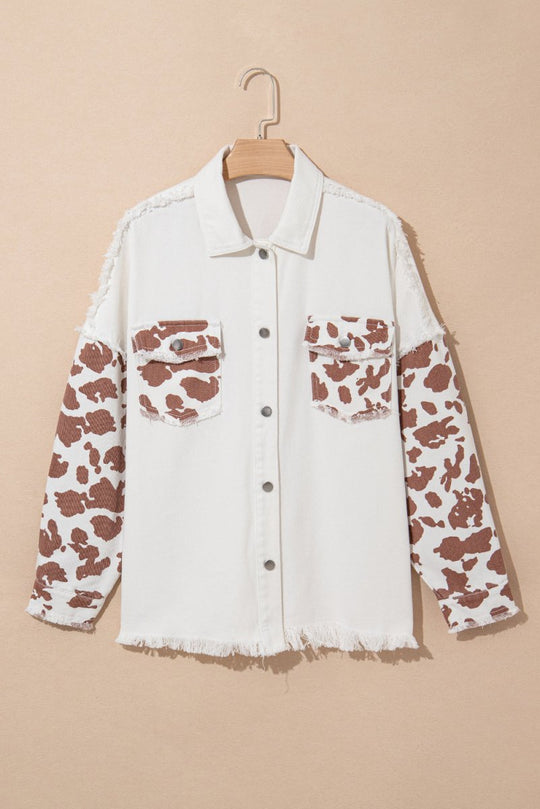 Distressed Cow Print Long Denim Jacket - Klazzi Fashion Boutique