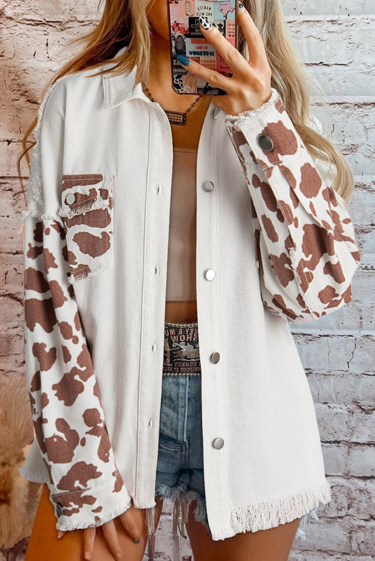 Distressed Cow Print Long Denim Jacket - Klazzi Fashion Boutique