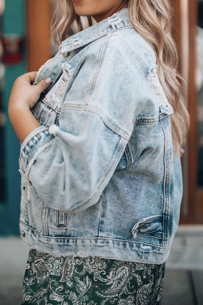 Distressed Cowgirl Drop Shoulder Denim Jacket - Klazzi Fashion Boutique