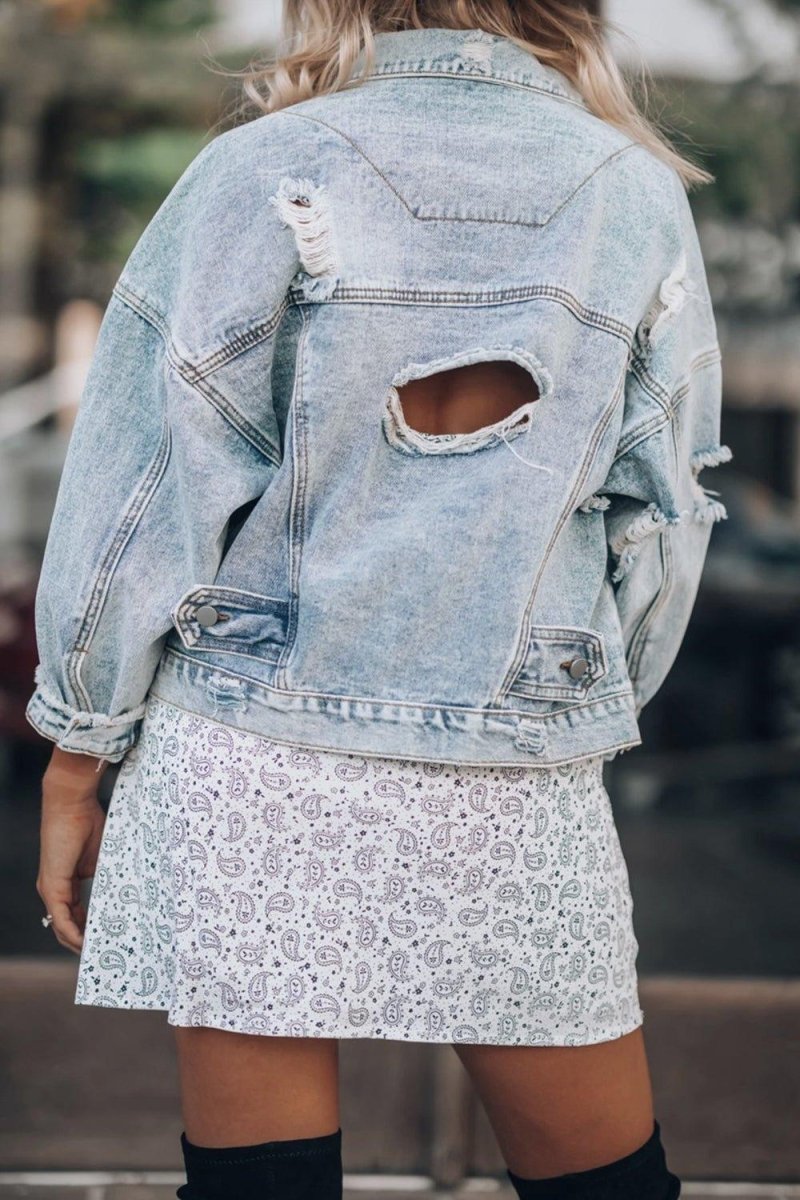 Distressed Cowgirl Drop Shoulder Denim Jacket - Klazzi Fashion Boutique