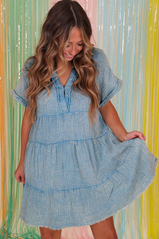 Distressed Crinkle Split Tiered Dress - Klazzi Fashion Boutique