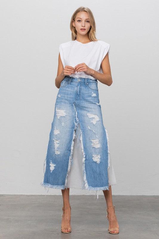 DISTRESSED FRAYED DENIM LONG SKIRT