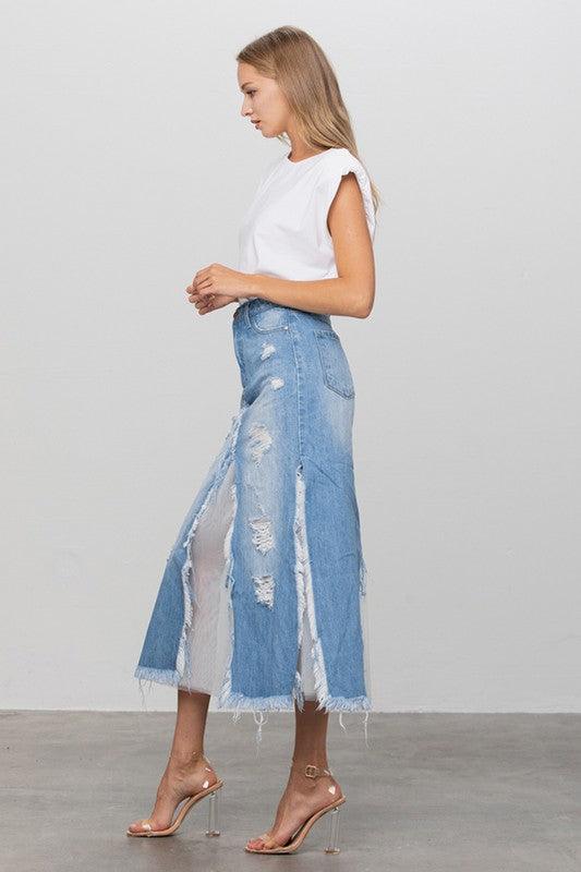 DISTRESSED FRAYED DENIM LONG SKIRT