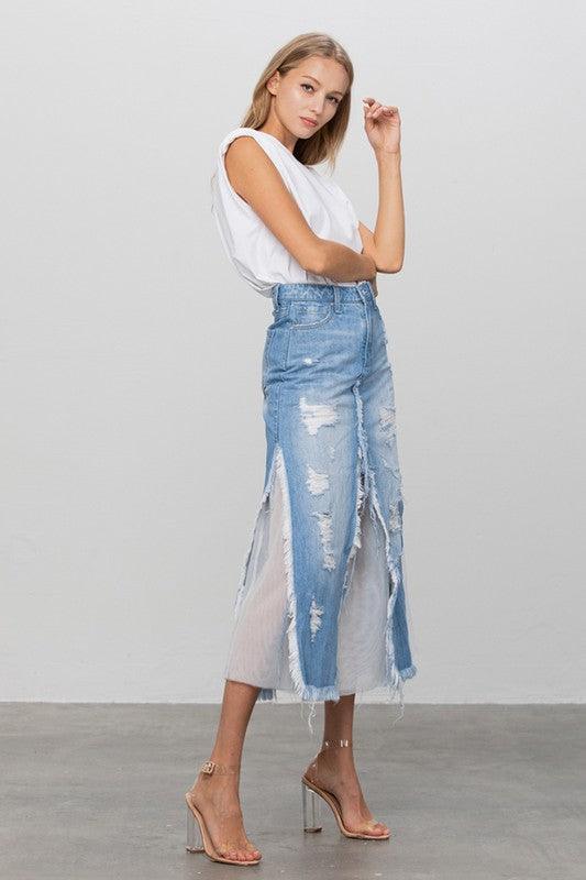 DISTRESSED FRAYED DENIM LONG SKIRT - Klazzi Fashion Boutique