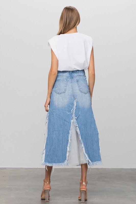 DISTRESSED FRAYED DENIM LONG SKIRT - Klazzi Fashion Boutique