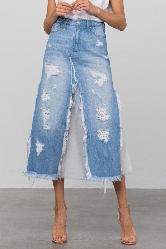 DISTRESSED FRAYED DENIM LONG SKIRT