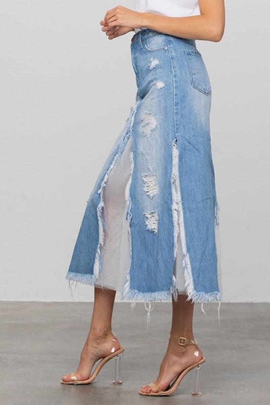 DISTRESSED FRAYED DENIM LONG SKIRT