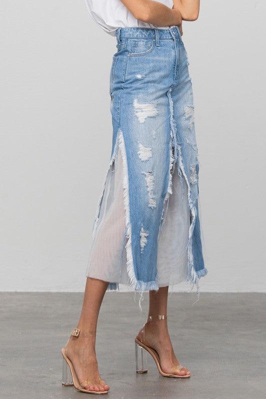 DISTRESSED FRAYED DENIM LONG SKIRT