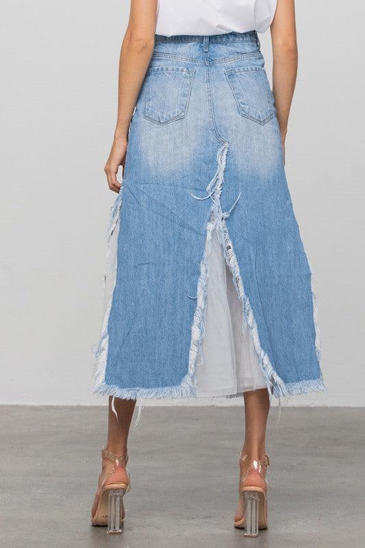 DISTRESSED FRAYED DENIM LONG SKIRT - Klazzi Fashion Boutique