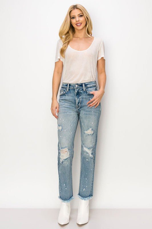 DISTRESSED FRAYED STRAIGHT LEG DENIM - Klazzi Fashion Boutique