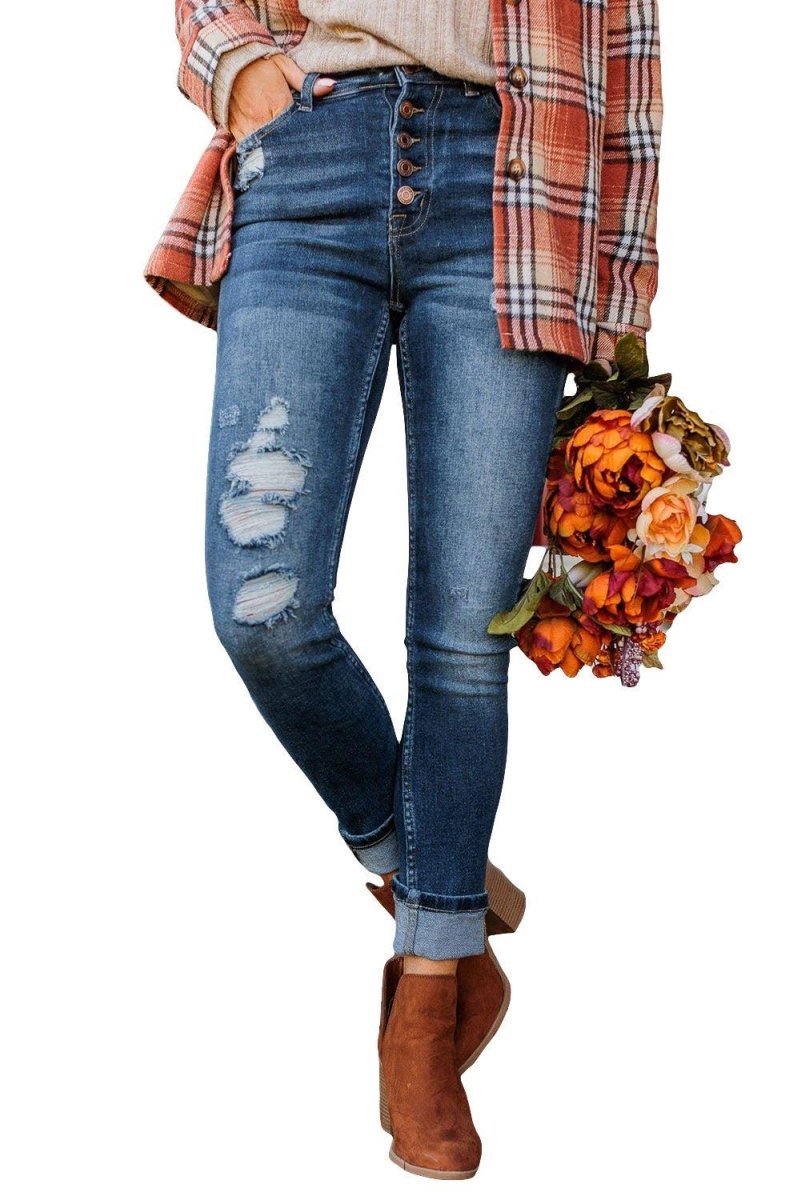 Distressed High Waist Skinny Jeans - Klazzi Fashion Boutique