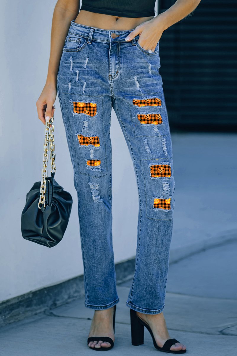 Distressed Orange Buffalo Checkered Pumpkin Faces Straight Jeans - Klazzi Fashion Boutique