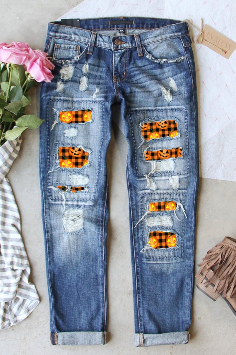 Distressed Orange Buffalo Checkered Pumpkin Faces Straight Jeans - Klazzi Fashion Boutique