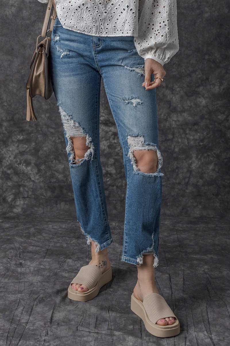 Distressed Ripped Knee Hole Denim - Klazzi Fashion Boutique