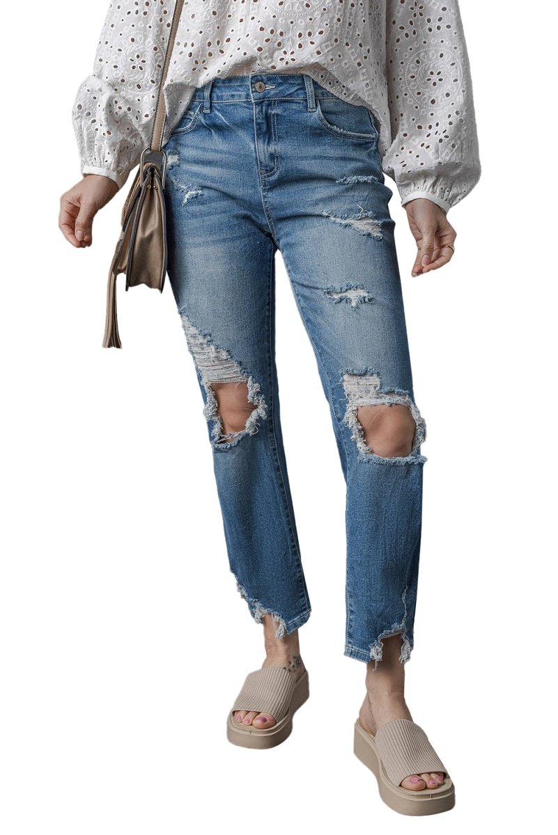 Distressed Ripped Knee Hole Denim - Klazzi Fashion Boutique