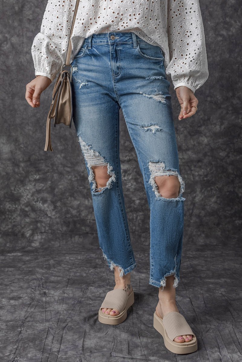 Distressed Ripped Knee Hole Denim - Klazzi Fashion Boutique