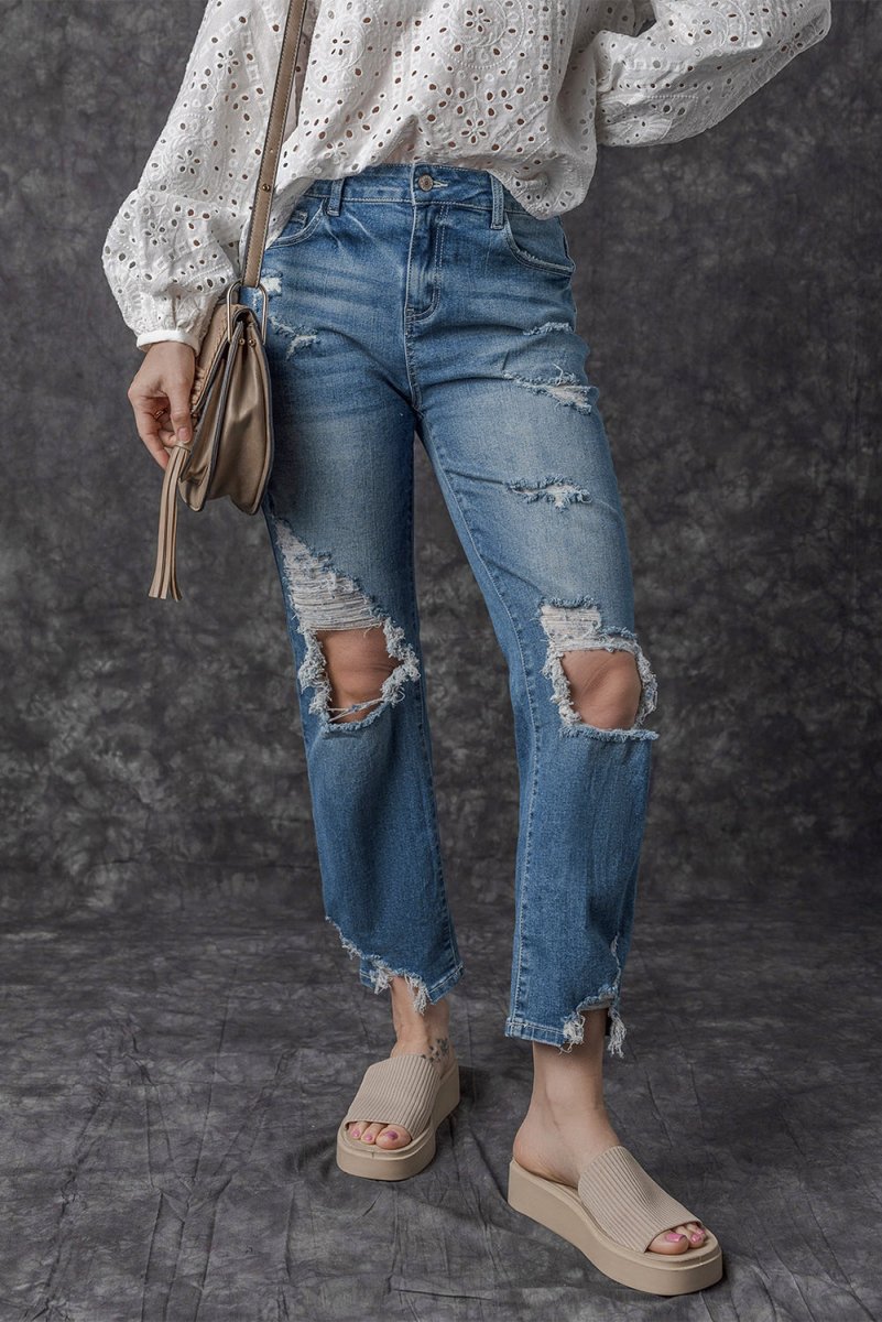 Distressed Ripped Knee Hole Denim - Klazzi Fashion Boutique