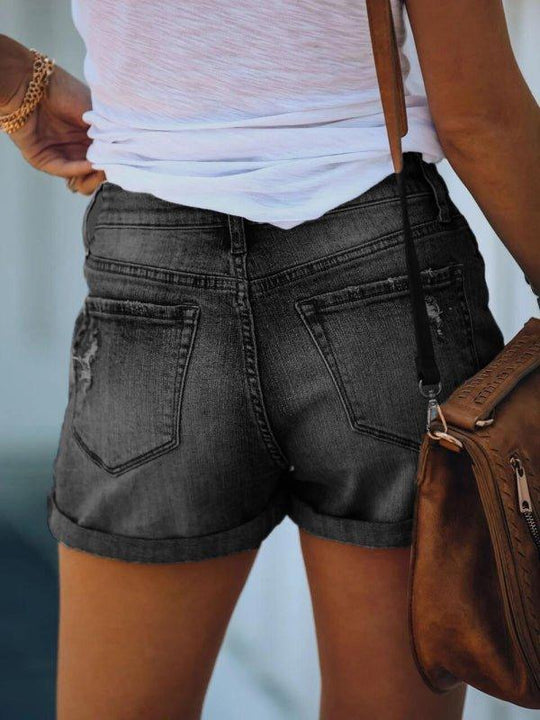 Distressed Rolled Edge Denim Shorts - Klazzi Fashion Boutique