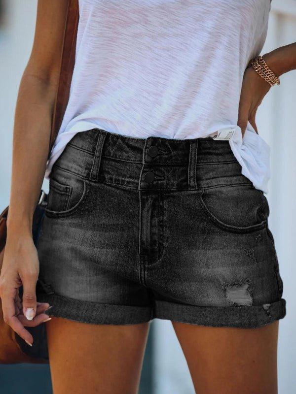 Distressed Rolled Edge Denim Shorts - Klazzi Fashion Boutique