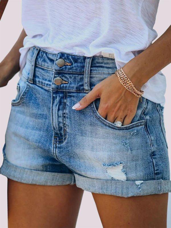 Distressed Rolled Edge Denim Shorts - Klazzi Fashion Boutique