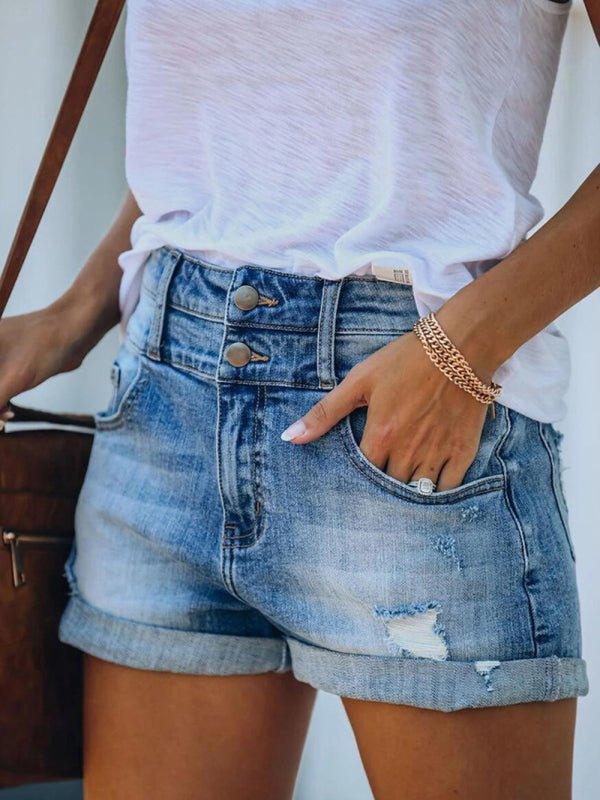 Distressed Rolled Edge Denim Shorts - Klazzi Fashion Boutique