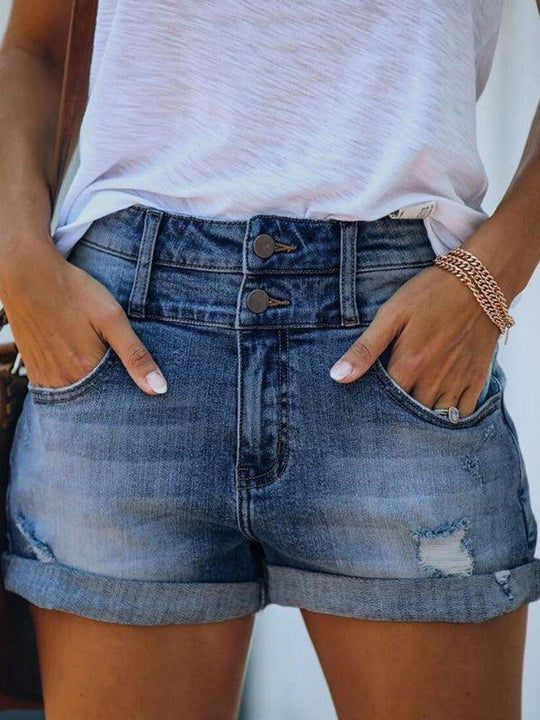 Distressed Rolled Edge Denim Shorts - Klazzi Fashion Boutique