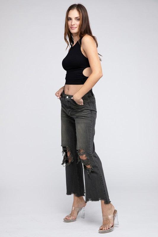 Distressed Vintage Washed Wide Leg Pants - Klazzi Fashion Boutique