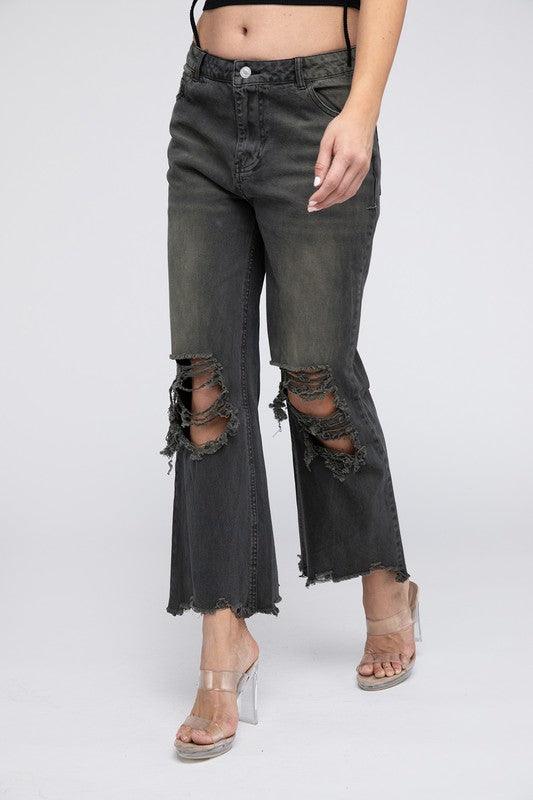 Distressed Vintage Washed Wide Leg Pants - Klazzi Fashion Boutique