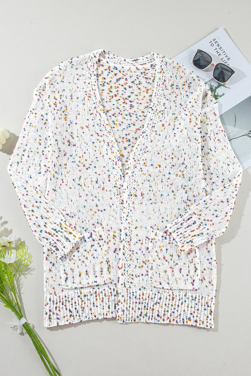 Dotted Multicolor Cream Knit Long Sleeve Cardigan - Klazzi Fashion Boutique