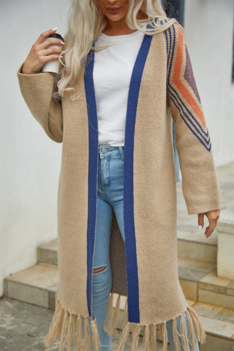 Double Take Geometric Fringe Duster Cardigan - Klazzi Fashion Boutique