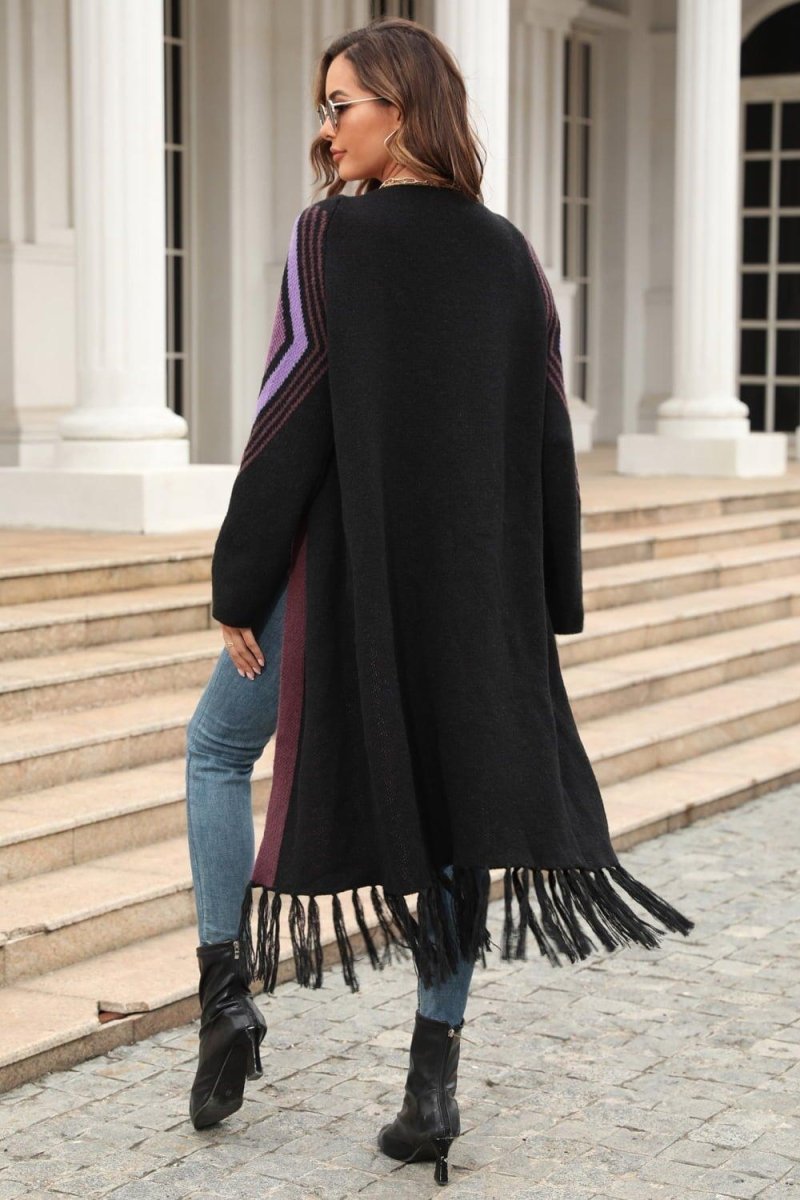 Double Take Geometric Fringe Duster Cardigan - Klazzi Fashion Boutique