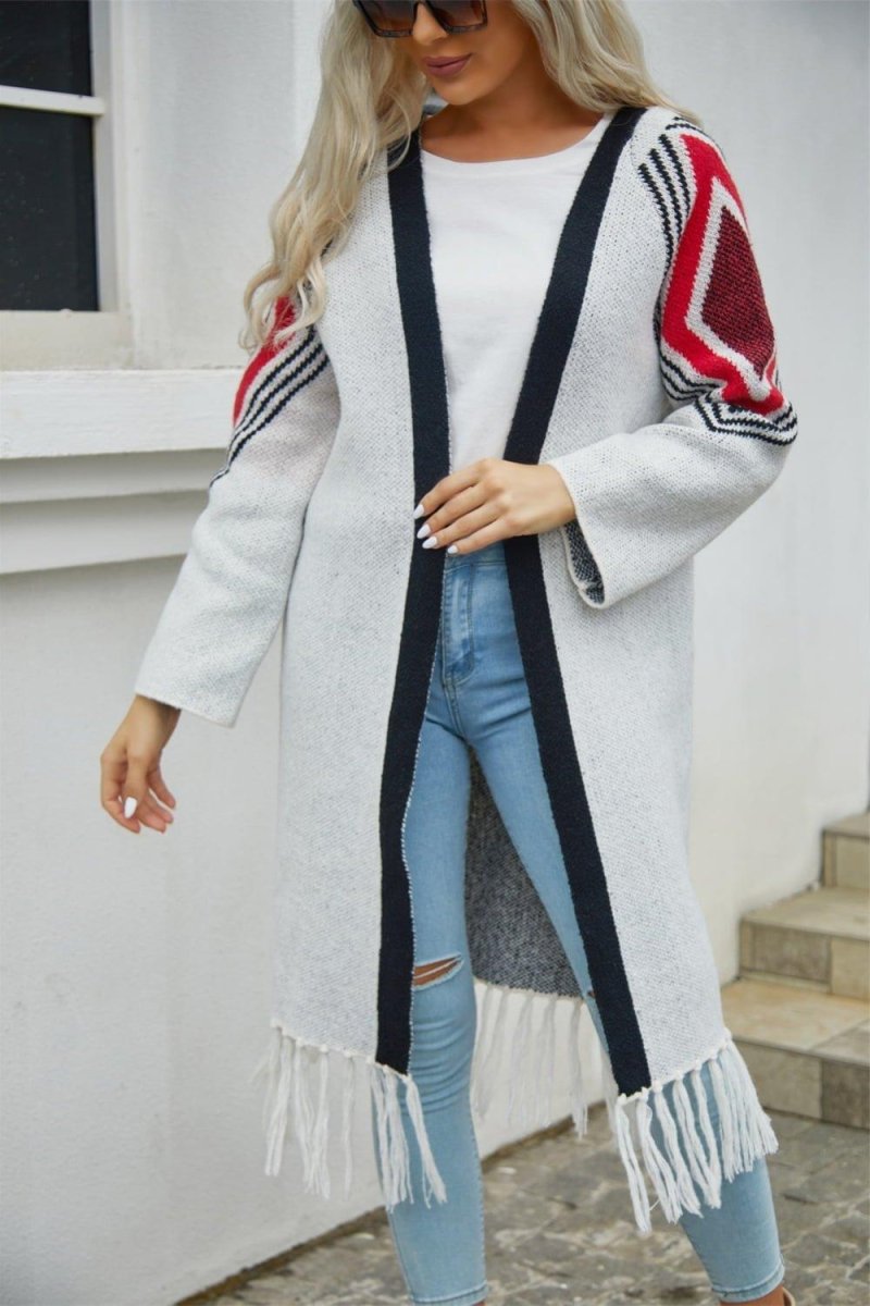 Double Take Geometric Fringe Duster Cardigan - Klazzi Fashion Boutique