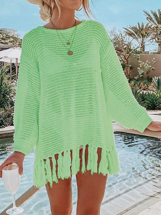 Double Take Tassel Long Sleeve Knit Cover Up - Klazzi Fashion Boutique