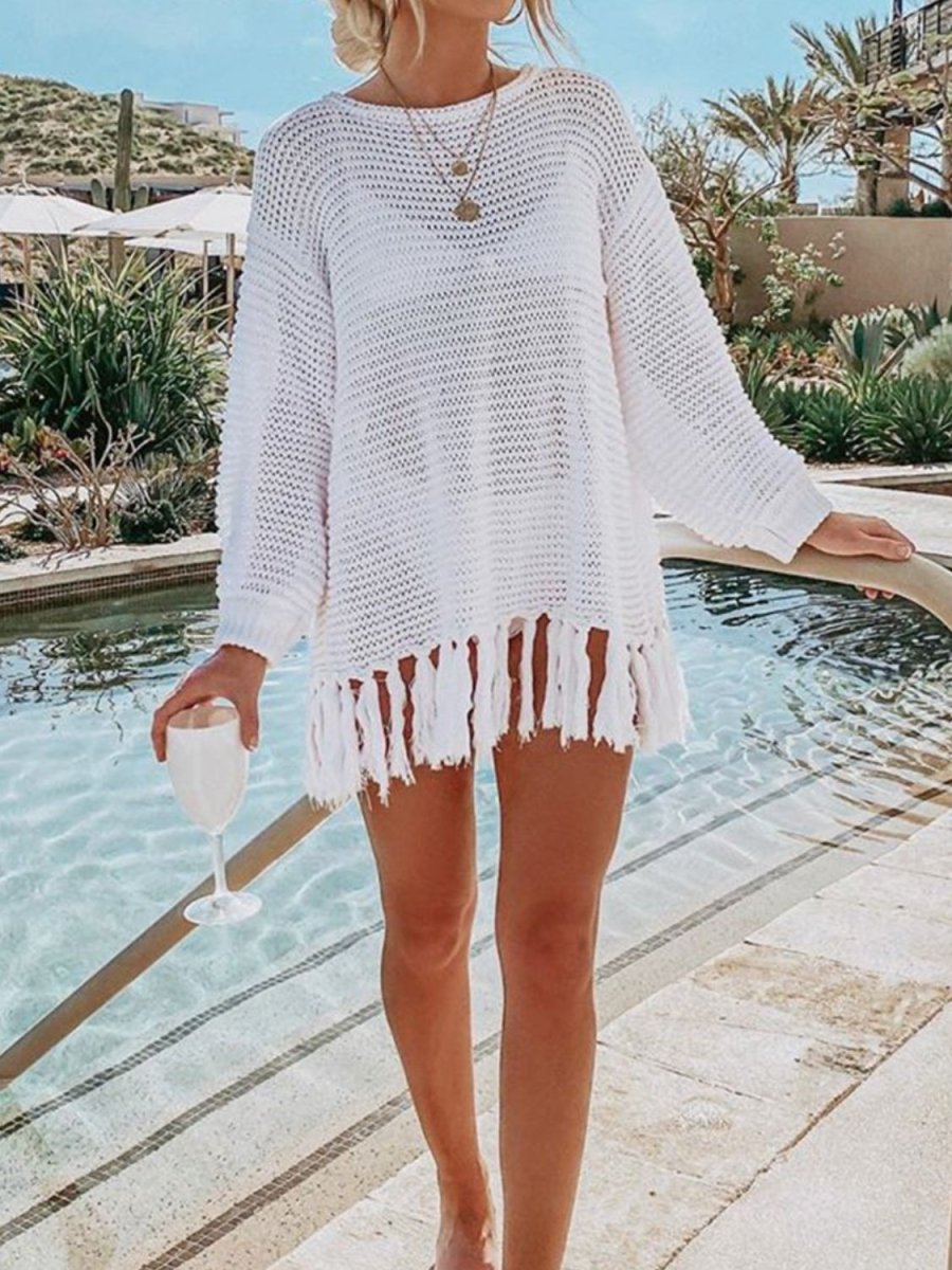 Double Take Tassel Long Sleeve Knit Cover Up - Klazzi Fashion Boutique