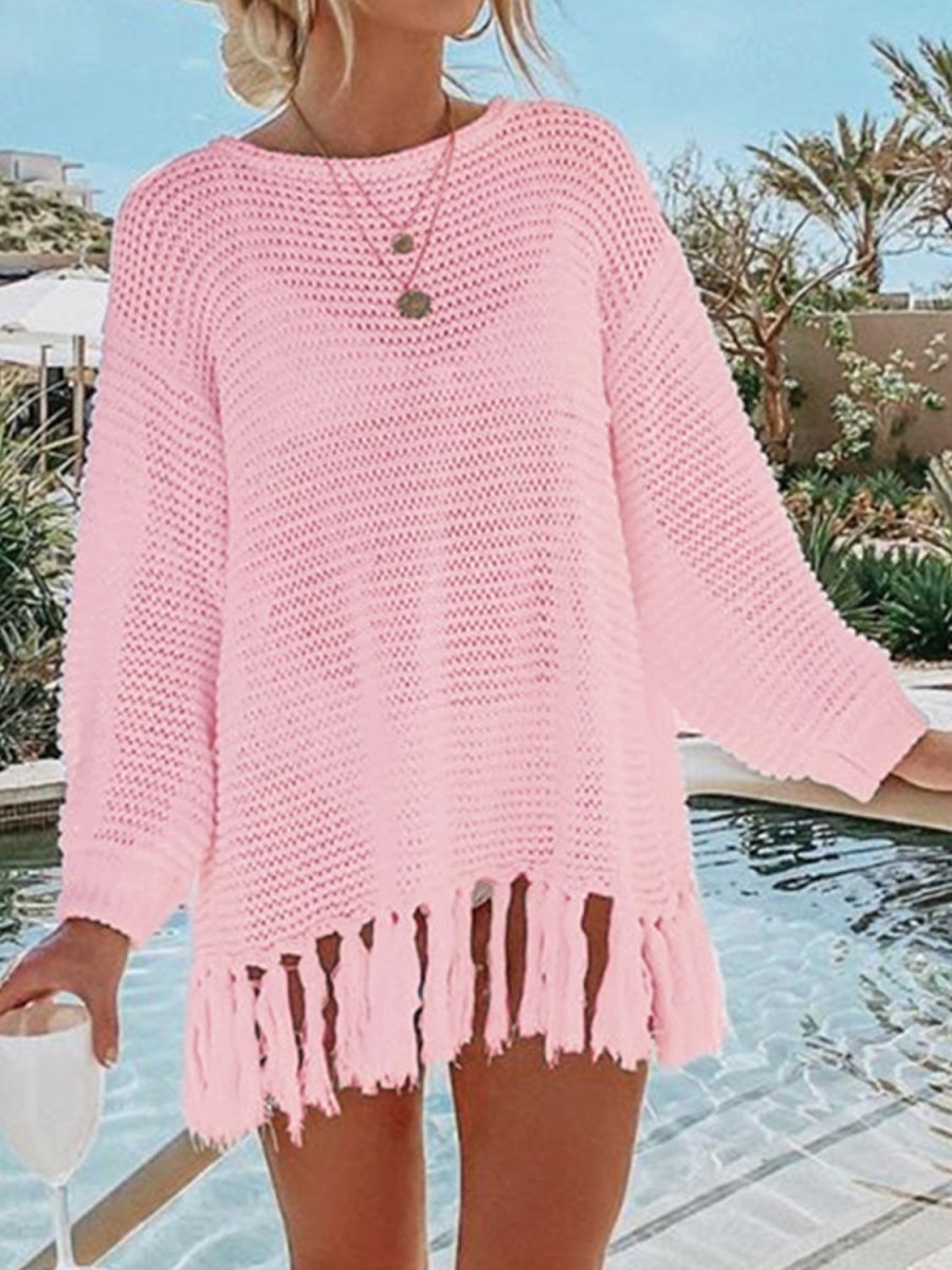 Double Take Tassel Long Sleeve Knit Cover Up - Klazzi Fashion Boutique