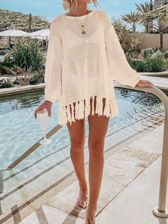 Double Take Tassel Long Sleeve Knit Cover Up - Klazzi Fashion Boutique