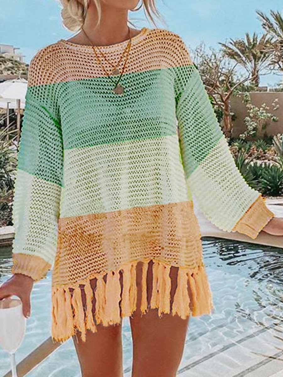 Double Take Tassel Long Sleeve Knit Cover Up - Klazzi Fashion Boutique