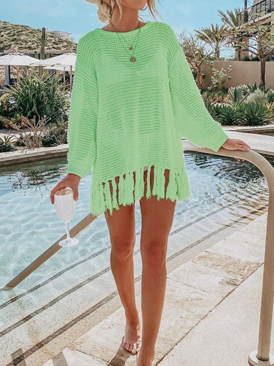 Double Take Tassel Long Sleeve Knit Cover Up - Klazzi Fashion Boutique