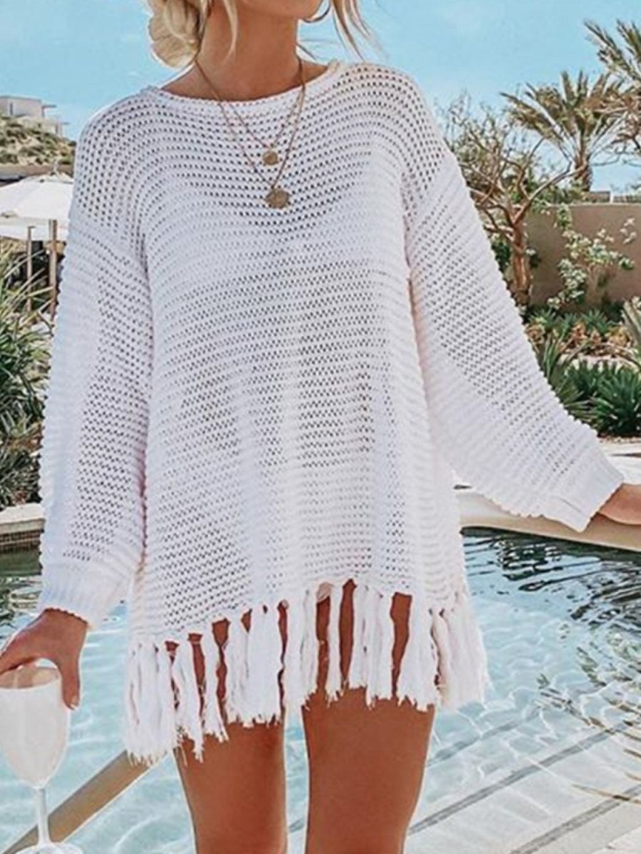 Double Take Tassel Long Sleeve Knit Cover Up - Klazzi Fashion Boutique