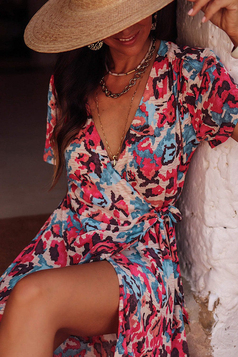 Western Pink Floral Split Wrapped Maxi Dress