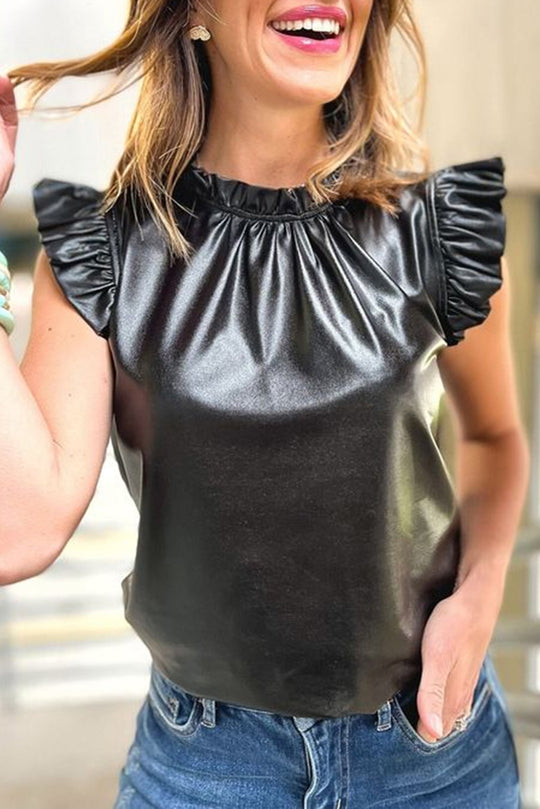 Ruffled Black Pleather Blouse