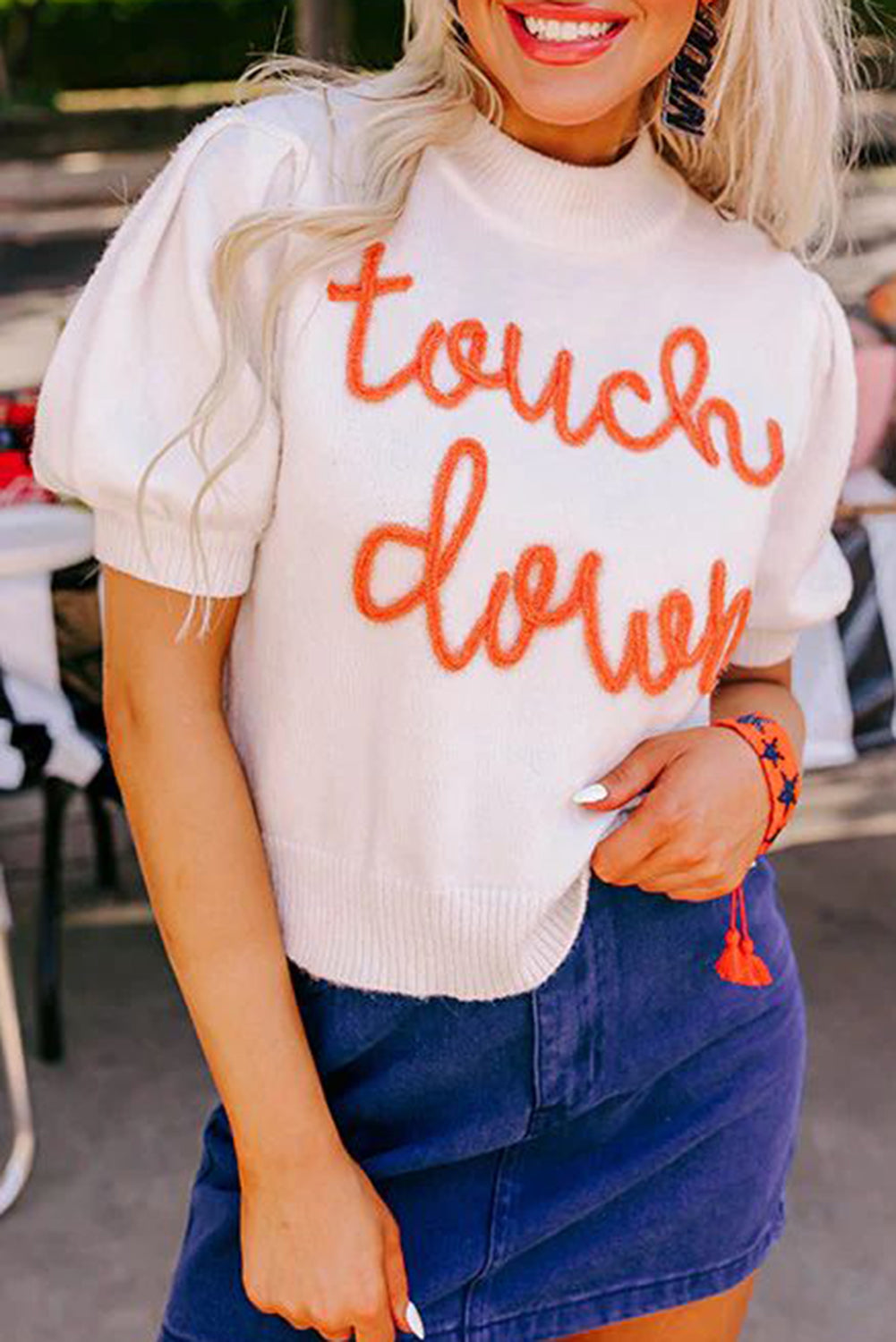 White "Touchdown" Tinsel Puff Short Sleeve Sweater