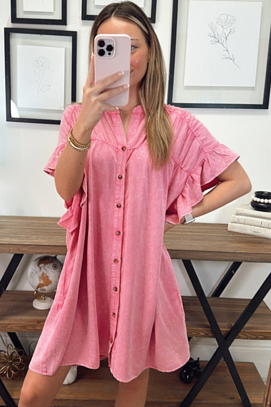 Pink Mini Ruffled Denim Dress