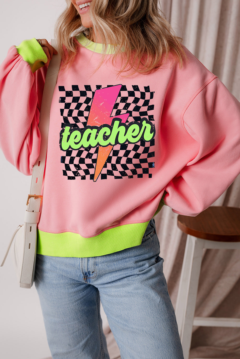 Retro Pink "Teacher" Lightning Checkered Sweatshirt