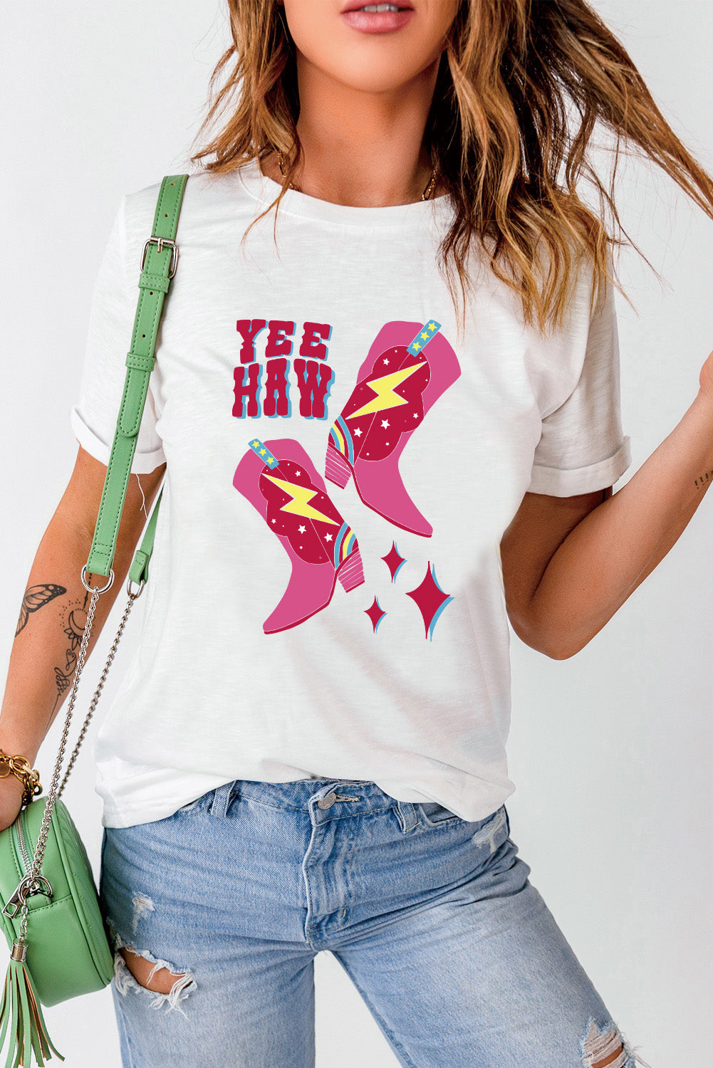 White "YEE HAW" Western Boots Graphic T Shirt