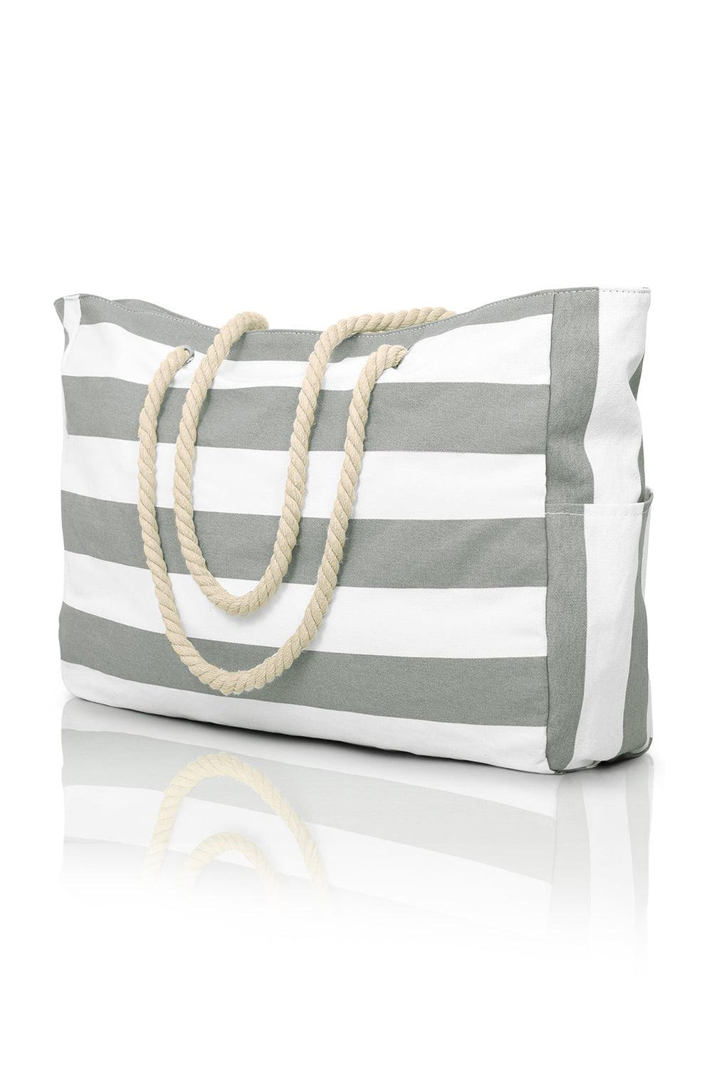 Grass Green Striped Rope Handle Canvas Large Tote Bag