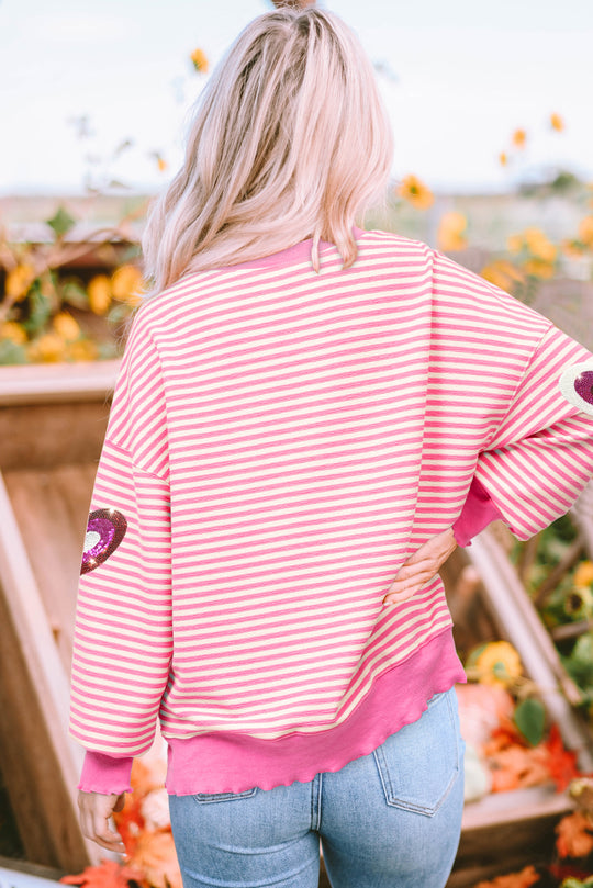 Sequin Pink Stripe Hearts Patches Valentines Sweater